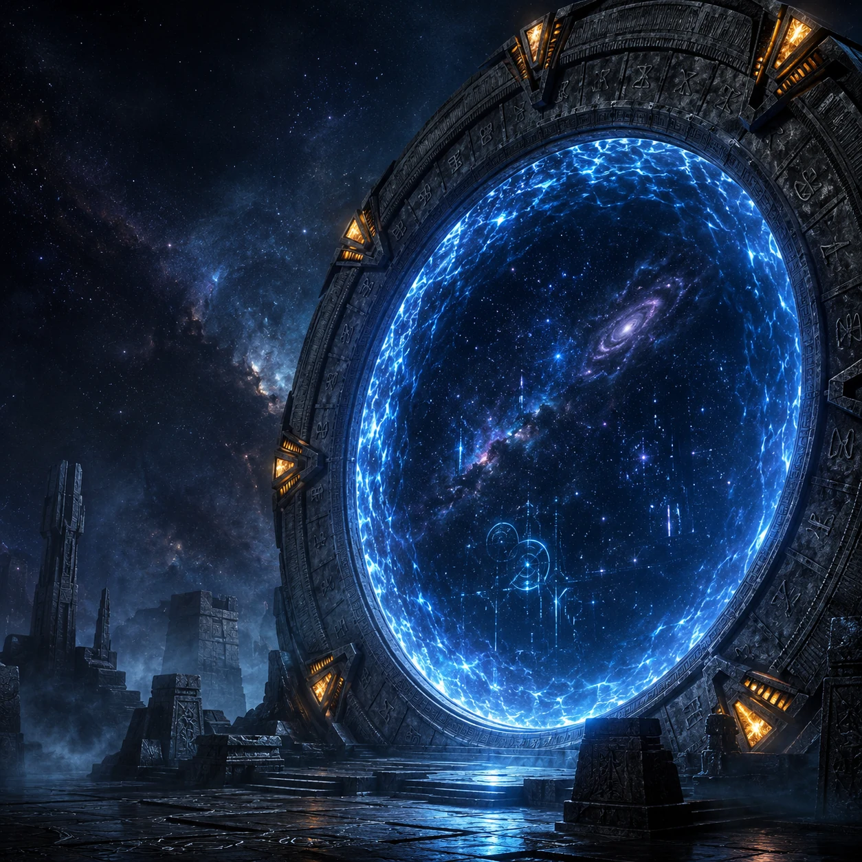 A monumental Stargate with an active blue event horizon standing in ancient ruins beneath a star-filled sky.