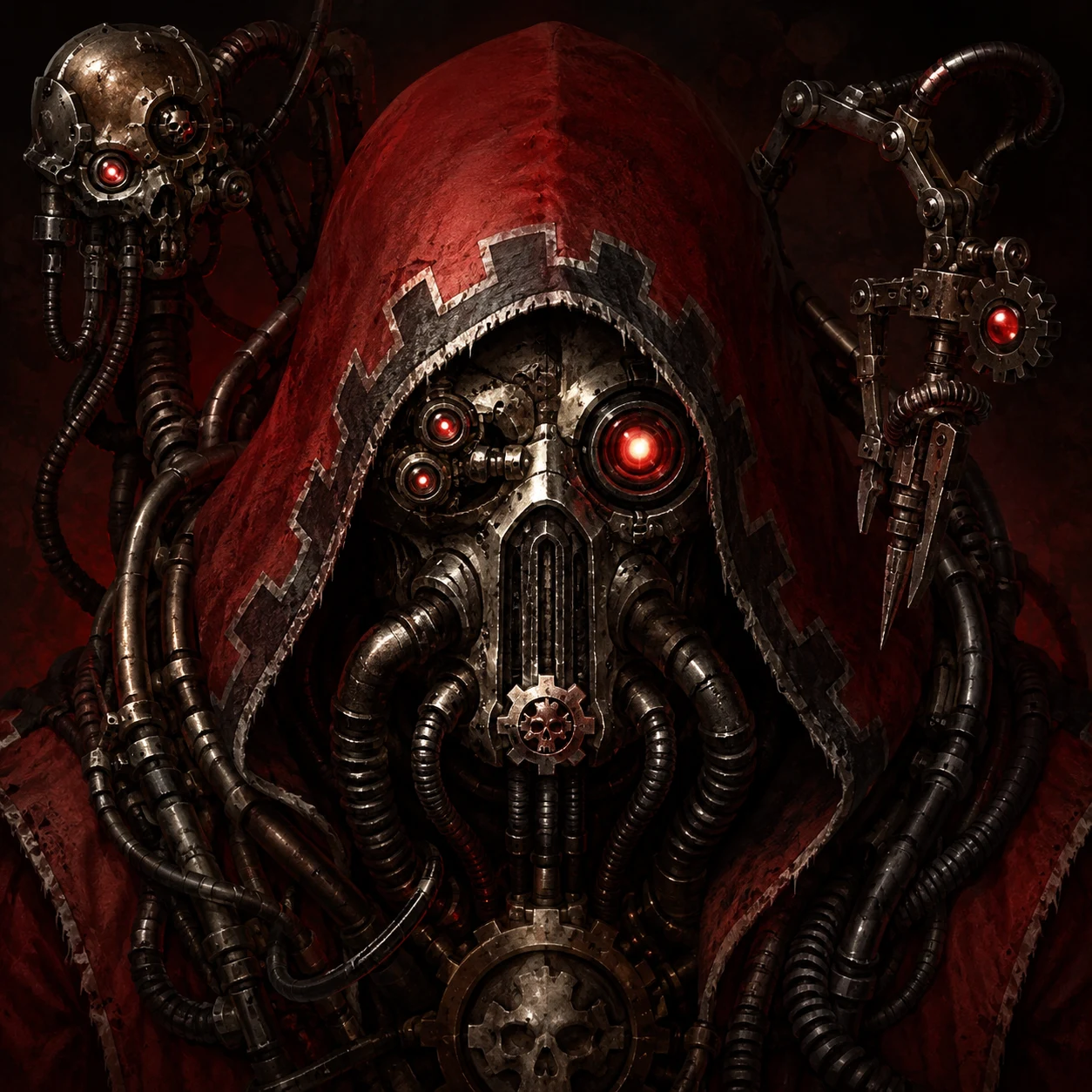 Red-robed cybernetic archivist surrounded by mechanical apparatus